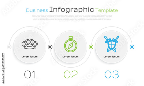 Set line Brass knuckles, Compass and Medieval shield with crossed swords. Business infographic template. Vector