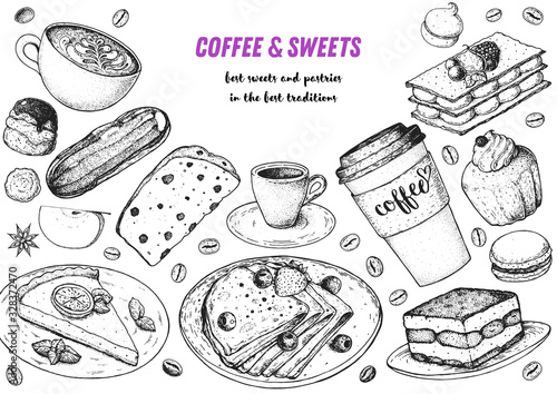 Breakfast hand drawn illustration. Coffee shop menu design. Food sketch. Coffee, tea and desserts. Cafe menu elements