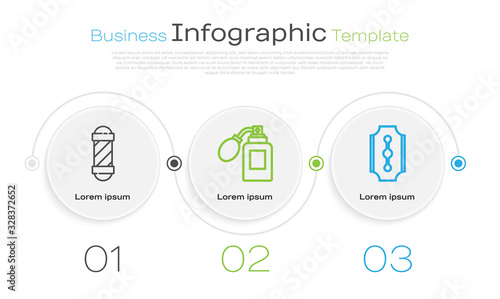 Set line Classic Barber shop pole, Aftershave bottle with atomizer and Blade razor. Business infographic template. Vector