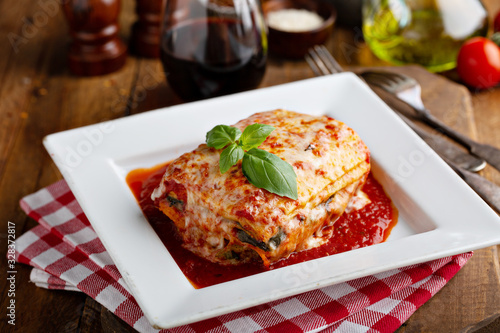 Classic lasagne piece on a plate