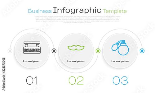 Set line Barbershop, Mustache and Aftershave bottle with atomizer. Business infographic template. Vector