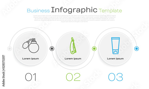 Set line Aftershave bottle with atomizer, Straight razor and Cream or lotion cosmetic tube. Business infographic template. Vector