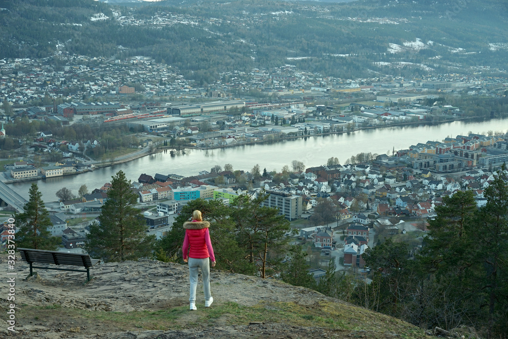 Bench overlooking Drammen city view.