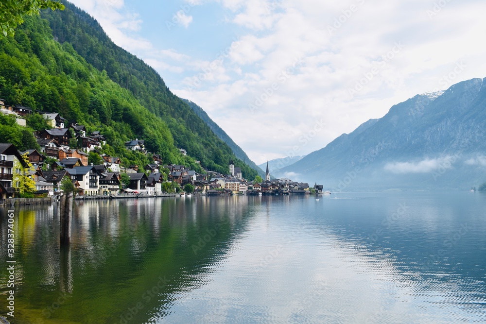 View of Hallstatt with the reflections on the lake