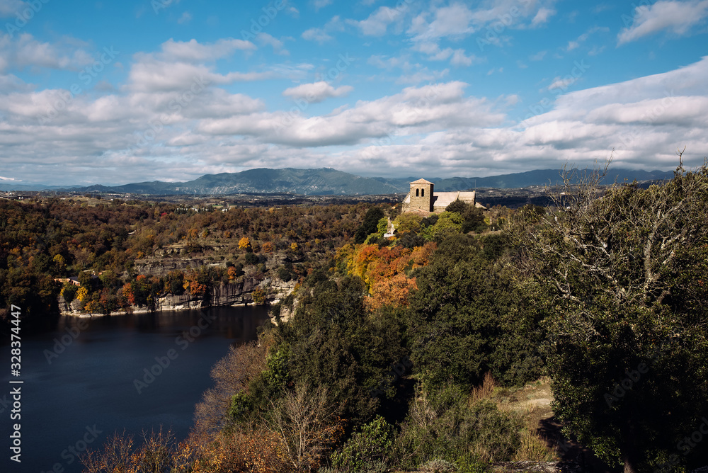 View of Sant Pere de Casserres Monastery in autumn, Catalonia, Spain.