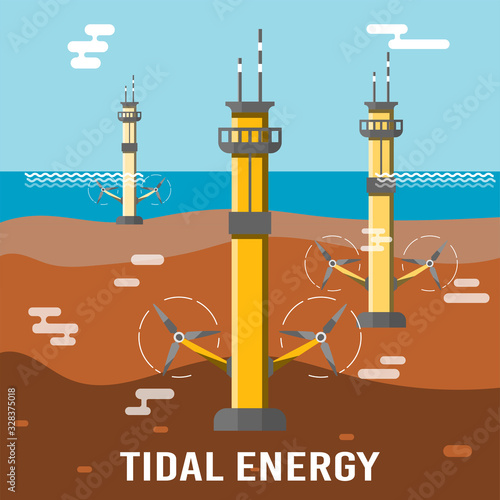 Tidal power plant. Eco friendly underwater renewable energy sources. Flat vector illustration. Alternative electricity generators. Hydro power turbine.