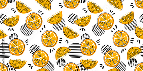 Seamless bright light pattern with Fresh oranges for fabric, drawing labels, print on t-shirt, wallpaper of children's room, fruit Summer background. Slices of orange doodle style cheerful background.