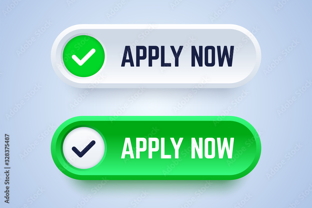 Apply now buttons in 3d gradient style. Two-colors options with checkmark sign. Vector illustration for web services, application or websites. Apply now buttons in 3d gradient style. Two-colors options with checkmark sign. Vector illustration for web services, application or websites.
