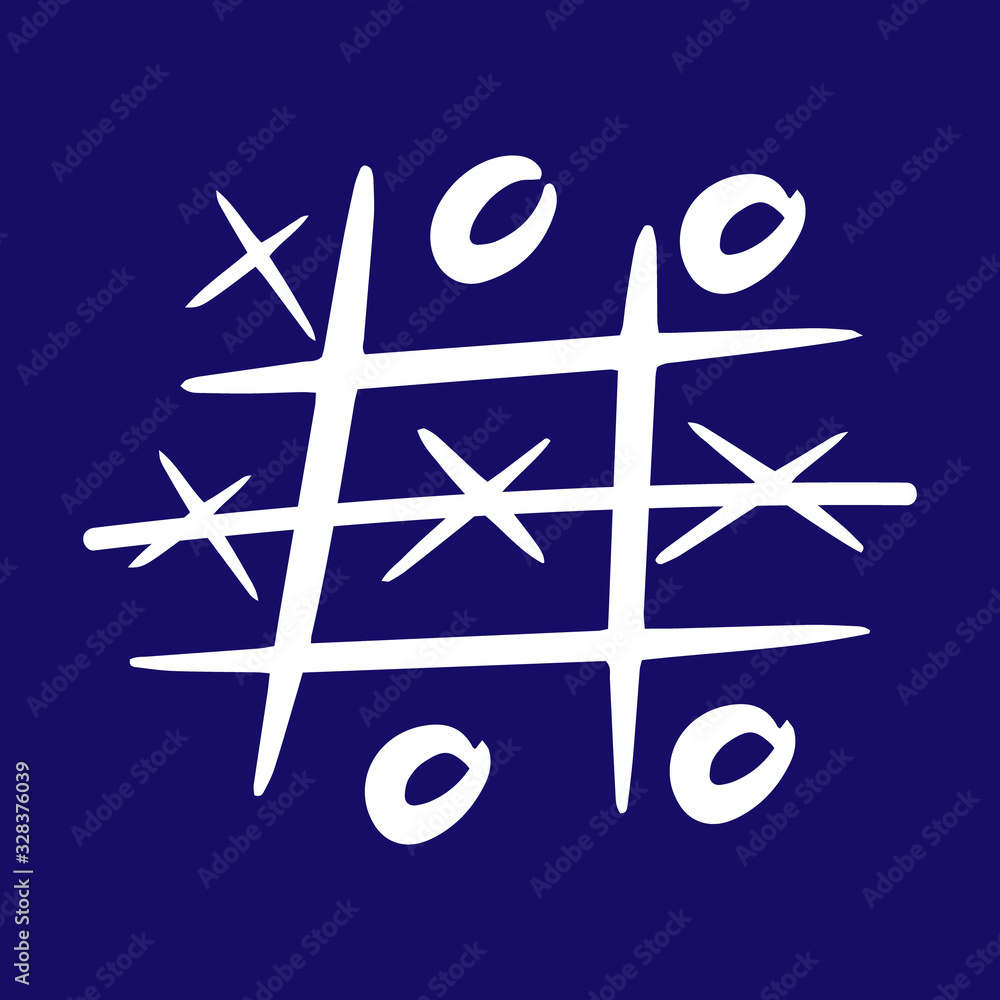 Doodle tic tac toe game with cross and circle icon. Sketch kids hand