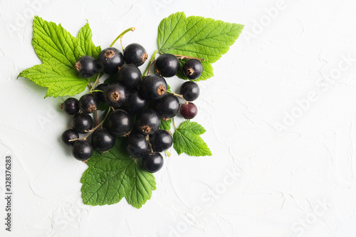 Black berries with green leaves on white texture background with copy space