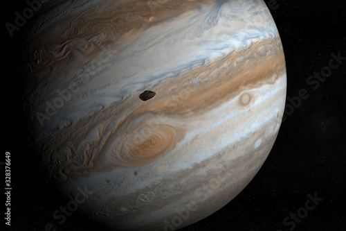 Satellite Amalthea, Jupiter V, orbiting around Jupiter planet. 3d render photo