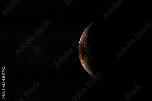 Sunrise in Pluto planet in the outer space. 3d render photo