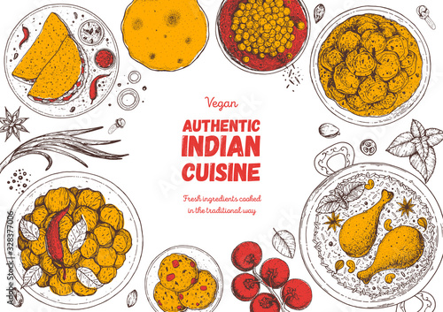 Indian food illustration. Hand drawn sketch. Indian cuisine. Doodle collection. Vector illustration. Menu background. Engraved style.