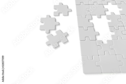 3d rendering of jigsaw puzzle concept. Blank gray unfinished puzzles game mockup, connecting together on white background. Jigsaw pieces merging, design mock up. Big desktop toy template. Copy space