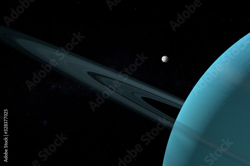 Puck, uranian moon, orbiting around Uranus planet in the outer space. 3d render photo