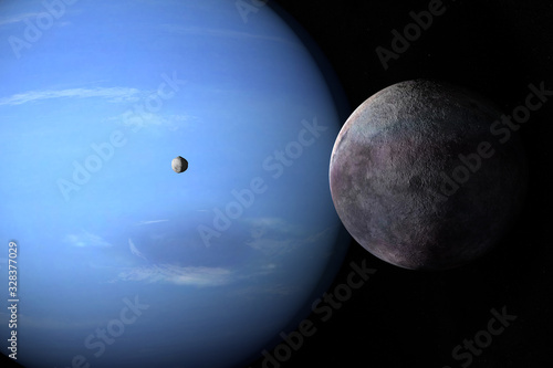 Obraz na plátně Satellites Proteus and Triton orbiting around Neptune planet