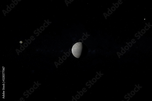 Tethys, Rhea and Dione, Saturn's moons, in the outer space. 3d render photo