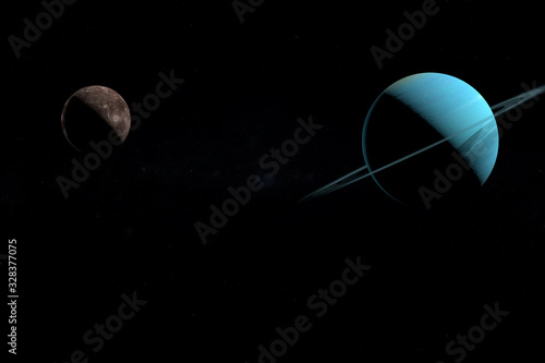 Titania moon orbiting around Uranus planet in the outer space. 3d render photo