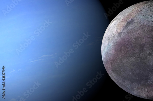 Satellite triton, moon of Neptune, orbiting around Neptune planet. 3d render photo