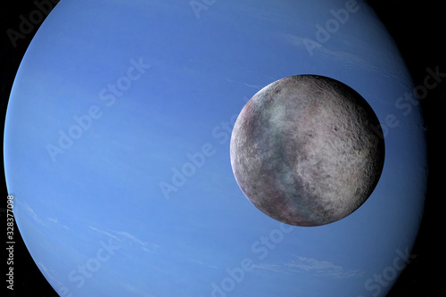 Triton orbiting around Neptune planet in a retrograde orbit. 3d render photo