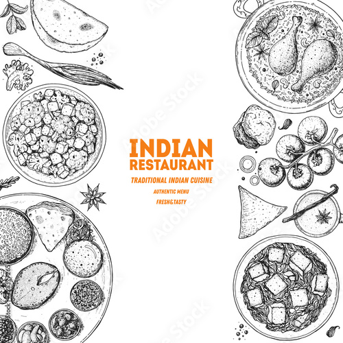 Indian food illustration. Hand drawn sketch. Vector illustration. Menu background. Engraved style.
