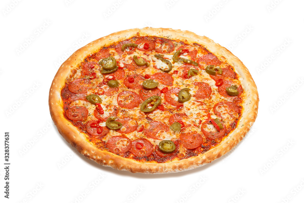 Delicious classic italian Burning Pizza with sausages, pepper, jalapeno sauce and cheese Delicious classic italian Burning Pizza with sausages, pepper, jalapeno sauce and cheese