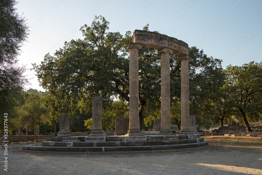 Ruins of Greek temple Philippeion at the Ancient Olympia archaeological site, Peloponnese, Greece