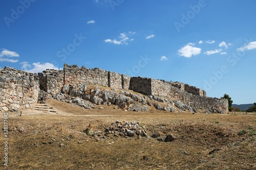 Ruins of ancient acropolis of Tiryns - a Mycenaean archaeological site in Argolis in the Peloponnese, and the location from which mythical hero Heracles performed his 12 labors, Greece.