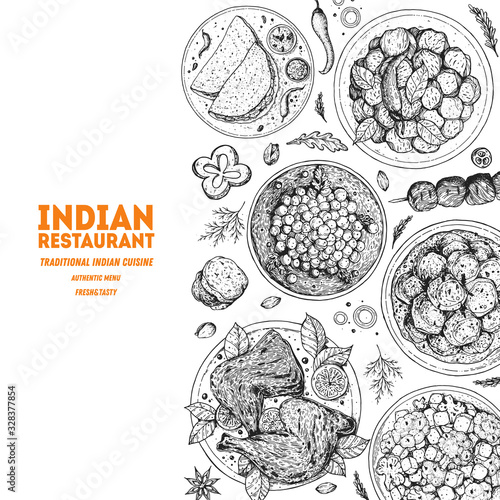 Indian food illustration. Hand drawn sketch. Indian cuisine. Doodle collection. Vector illustration. Menu background. Engraved style.