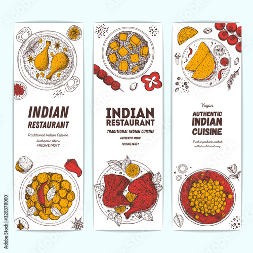 Indian food illustration. Hand drawn sketch. Indian cuisine. Banner set. Vector illustration. Menu background. Engraved style.
