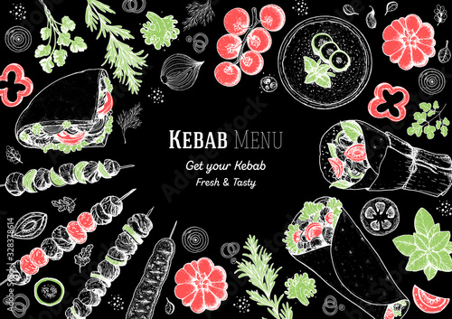 Doner kebab and ingredients for kebab, sketch illustration. Arabic cuisine frame. Fast food menu design elements. Shawarma hand drawn frame. Middle eastern food.