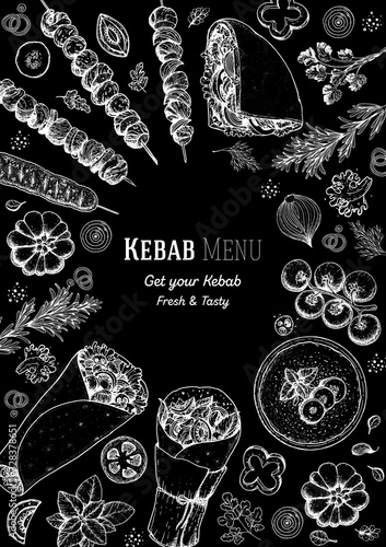 Doner kebab and ingredients for kebab, sketch illustration. Arabic cuisine frame. Fast food menu design elements. Shawarma hand drawn frame. Middle eastern food.