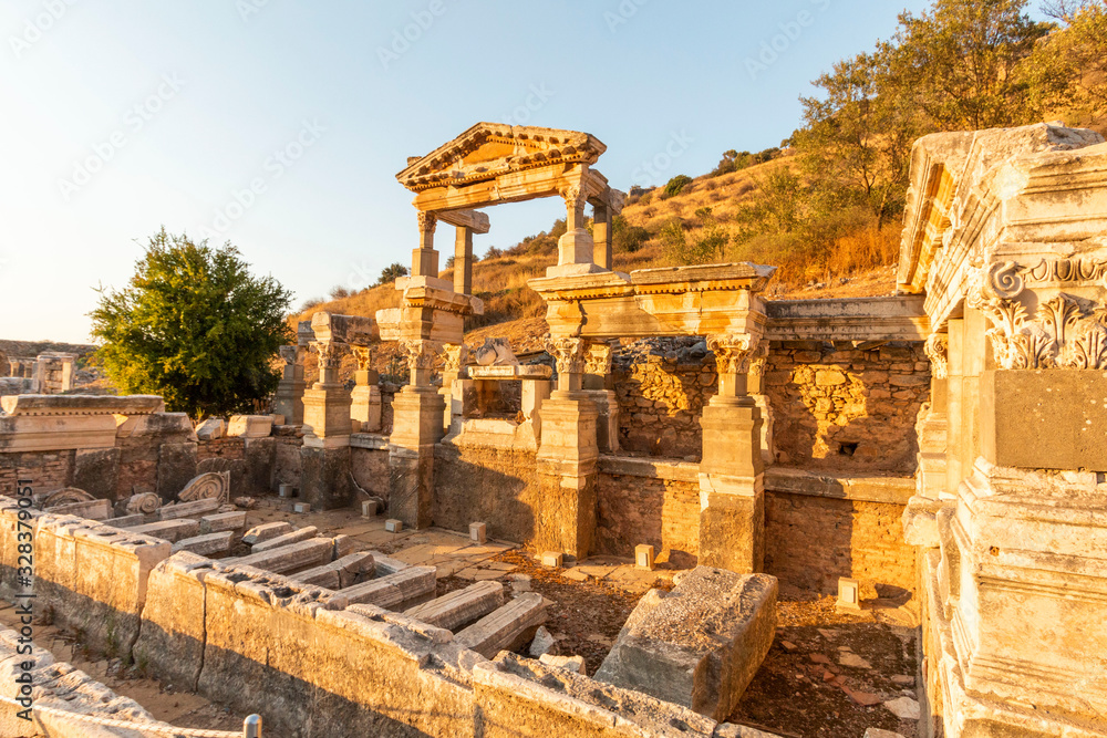 Ruins of Celsius Library in ancient city Ephesus, Turkey in a beautiful summer day, August 12, 2019, izmir, Turkey