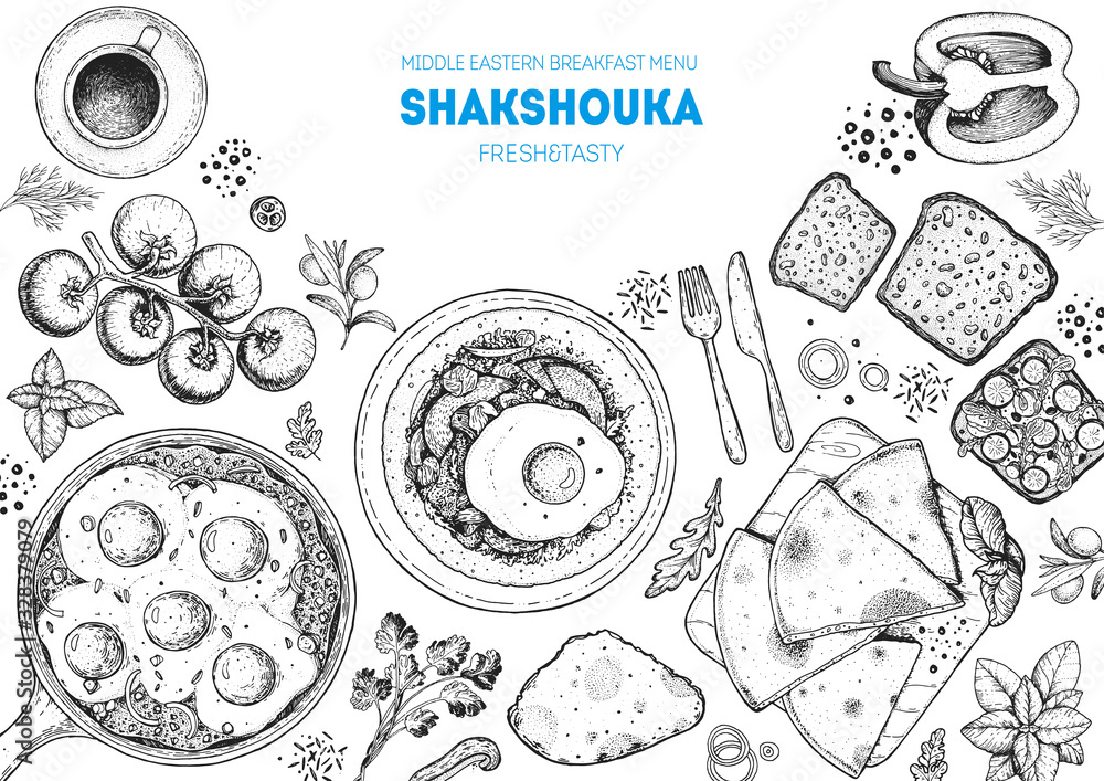 Shakshouka cooking and ingredients for shakshouka, sketch illustration