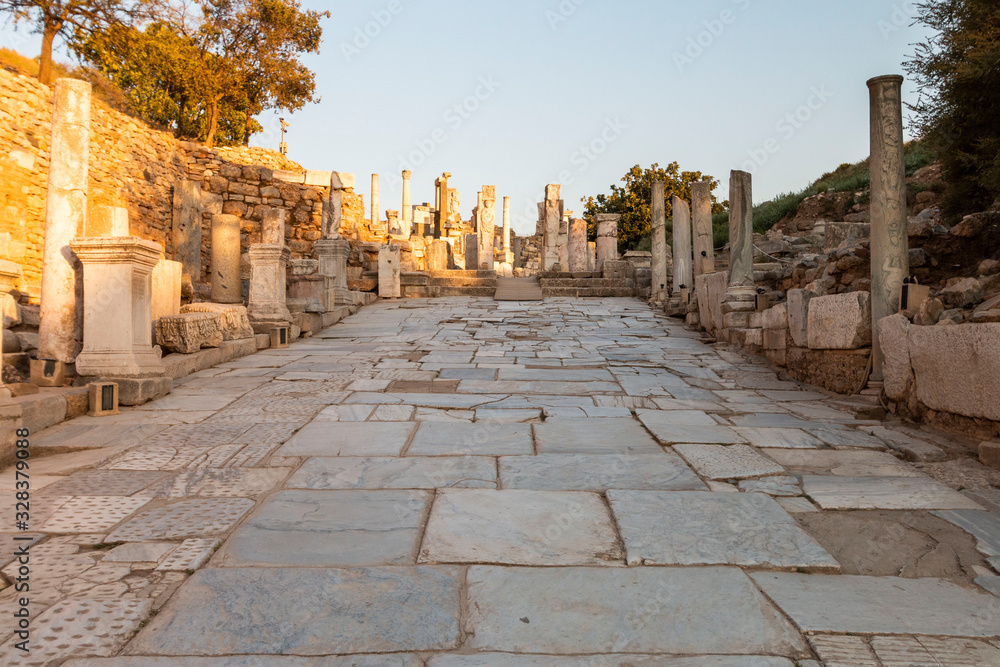 Ruins of Celsius Library in ancient city Ephesus, Turkey in a beautiful summer day, August 12, 2019, izmir, Turkey