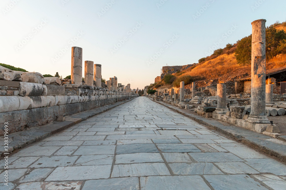 Ruins of Celsius Library in ancient city Ephesus, Turkey in a beautiful summer day, August 12, 2019, izmir, Turkey