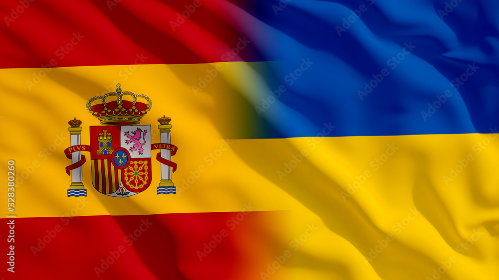 Obraz premium Waving Ukraine and Spain Flags
