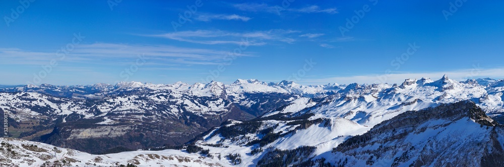 Panoramic picture with the view from the Fronalpstock near Stoos in Switzerland Panoramic picture with the view from the Fronalpstock near Stoos in Switzerland