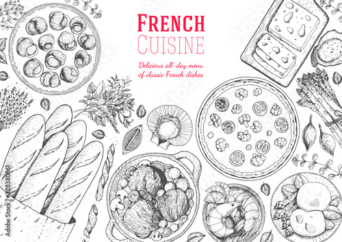 French cuisine top view frame. A set of classic French dishes with beef bourguignon, quiche lorraine, poached eggs, escargot, cheese. Food menu design template. Hand drawn sketch vector illustration.