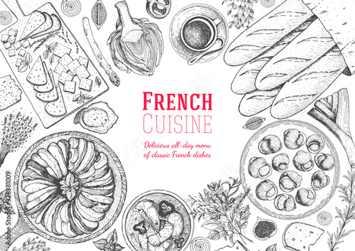 French cuisine top view frame. A set of classic French dishes with ratatouille, cheese, escargot, artichoke, bakery. Food menu design template. Hand drawn sketch vector illustration.