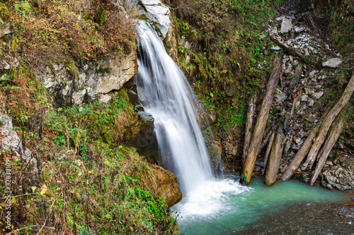 Mountains waterfalls nature landscape using slow shutter for silky smooth waterfall effect