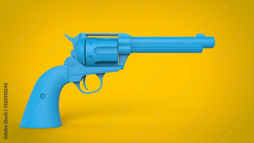 Blue revolver gun on a yellow background Blue revolver gun on a yellow background