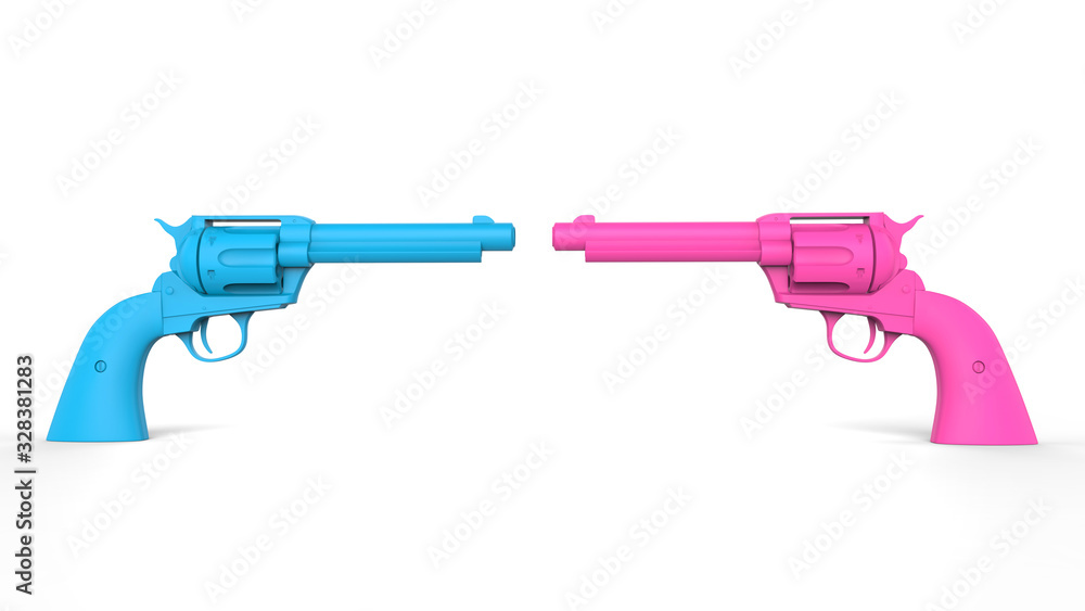Pink and blue revolver pistols pointed at each other Pink and blue revolver pistols pointed at each other