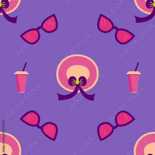 Seamless pattern with sunglasses, a women's hat with a bow and fluttering ribbons and a glass with a drink on a blue-violet background. Suitable as wrapping paper, fabric print