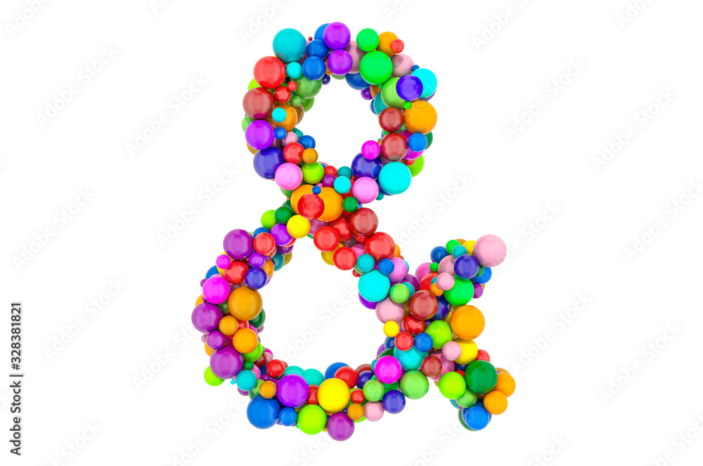 Ampersand symbol from colored balls, 3D rendering