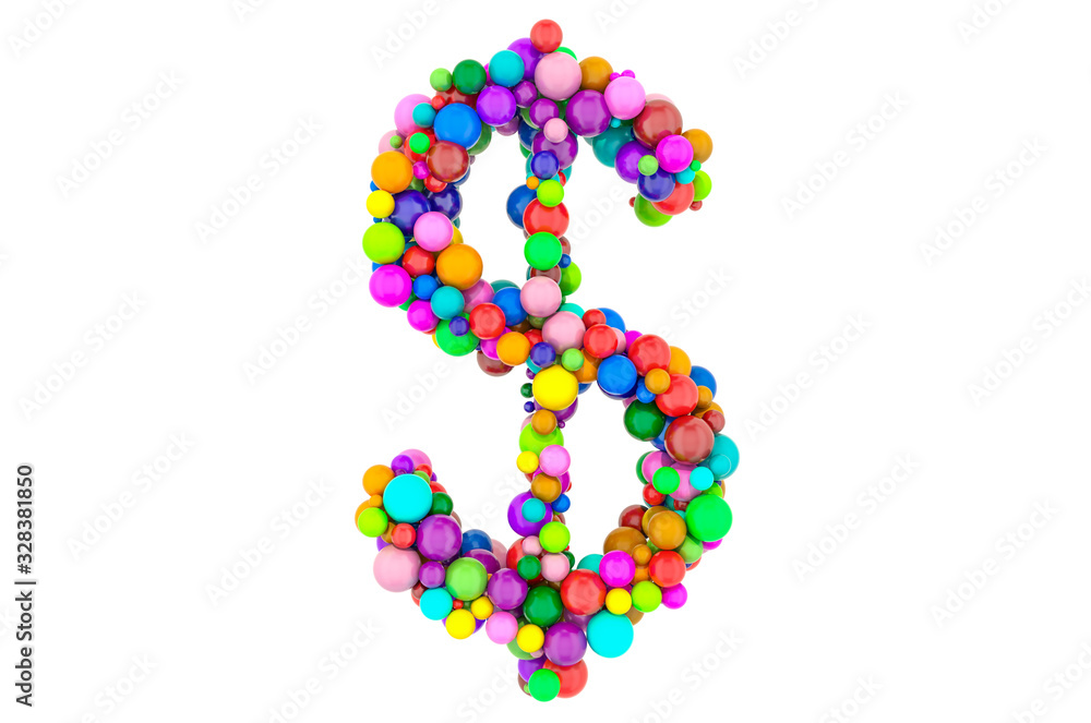 Dollar symbol from colored balls, 3D rendering