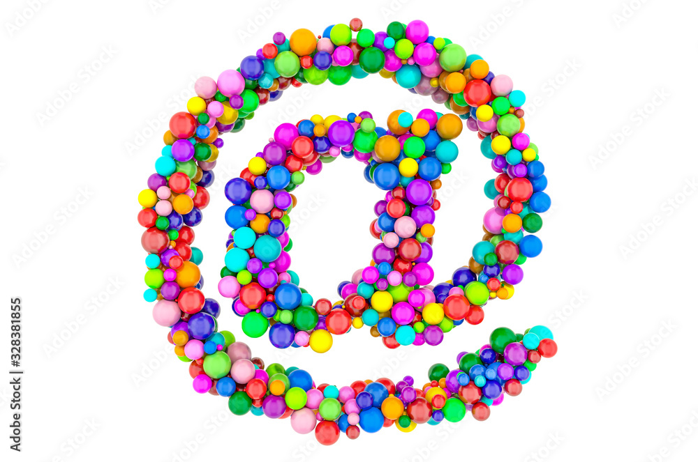 E-mail, at sign from colored balls, 3D rendering