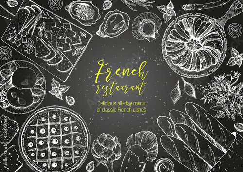 French cuisine top view frame. A set of classic French dishes with bakery, poached eggs, pissaladier, ratatouille, oysters, cheese. Food menu design template. Hand drawn sketch vector illustration.