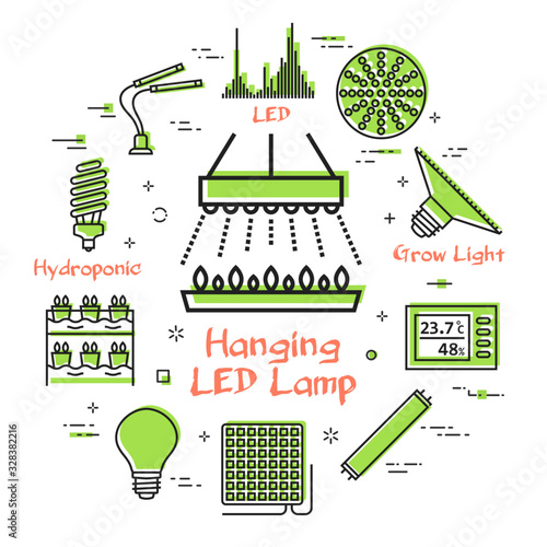 Vector concept of hydroponic and growth led light - hanging LED lamp