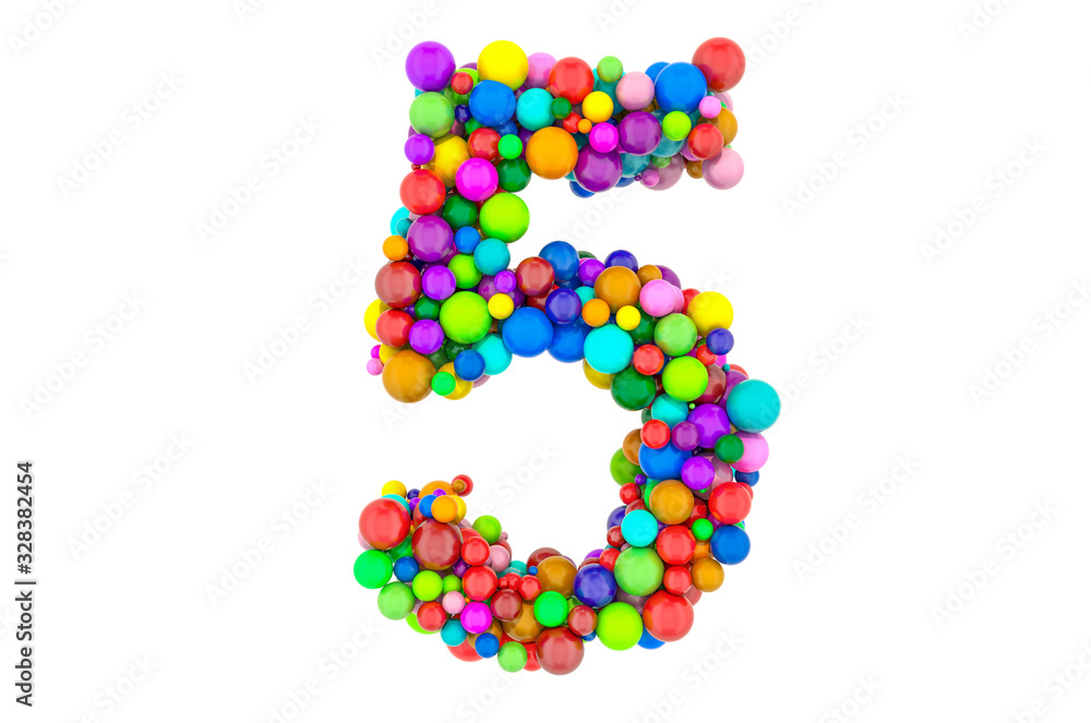 Number 5 from colored balls, 3D rendering Number 5 from colored balls, 3D rendering
